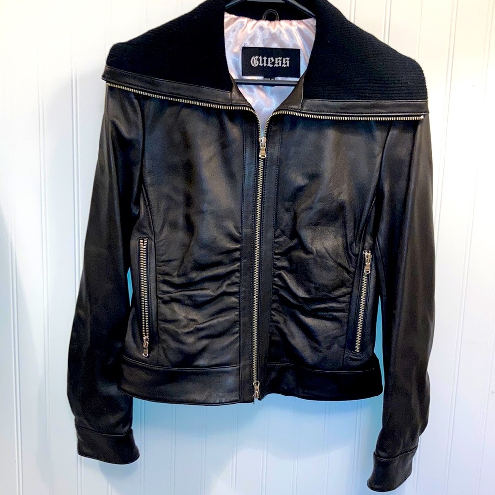 Guess genuine leather coat ruching on front and large knit collar size M GUC - Picture 1 of 13